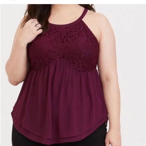 Torrid Women's Burgundy Lace Peplum Sleeveless Blouse - Picture 1 of 6
